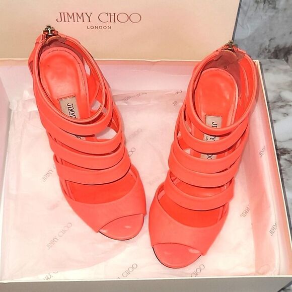 Jimmy Choo Neon Flame Nappa Caged Leather Sandals Heels Size 36.5 US 6.5 - Picture 13 of 16